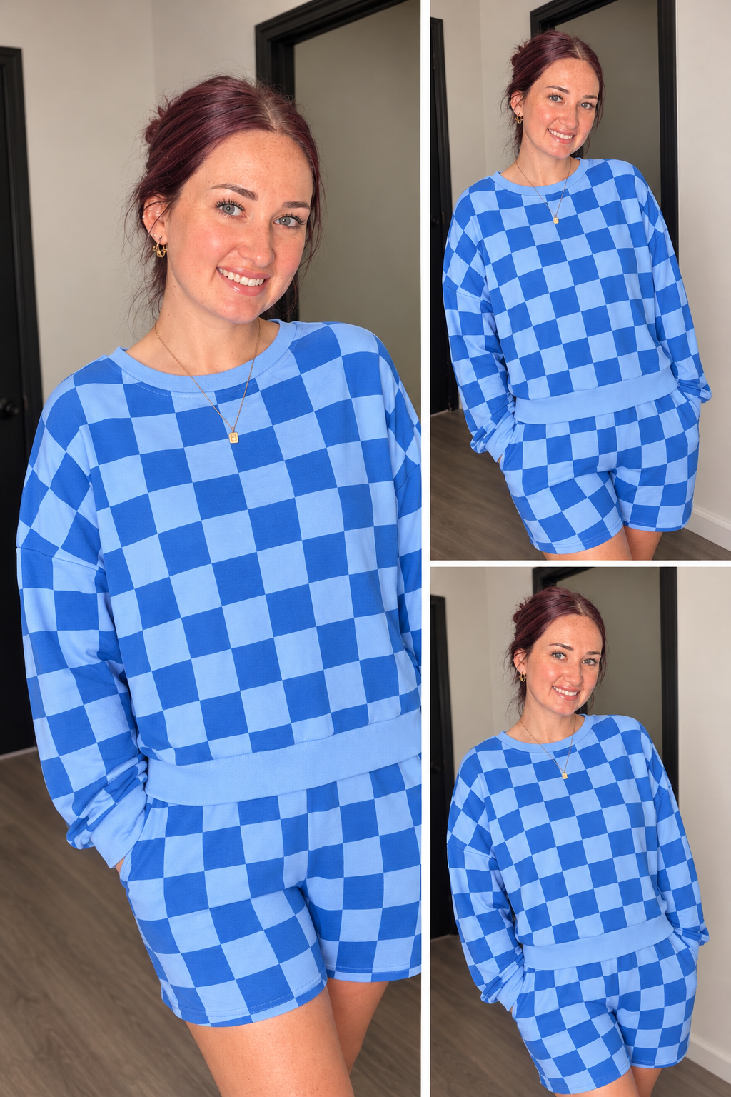 Dark Blue Checkered 2-Piece Set | Pullover & Shorts