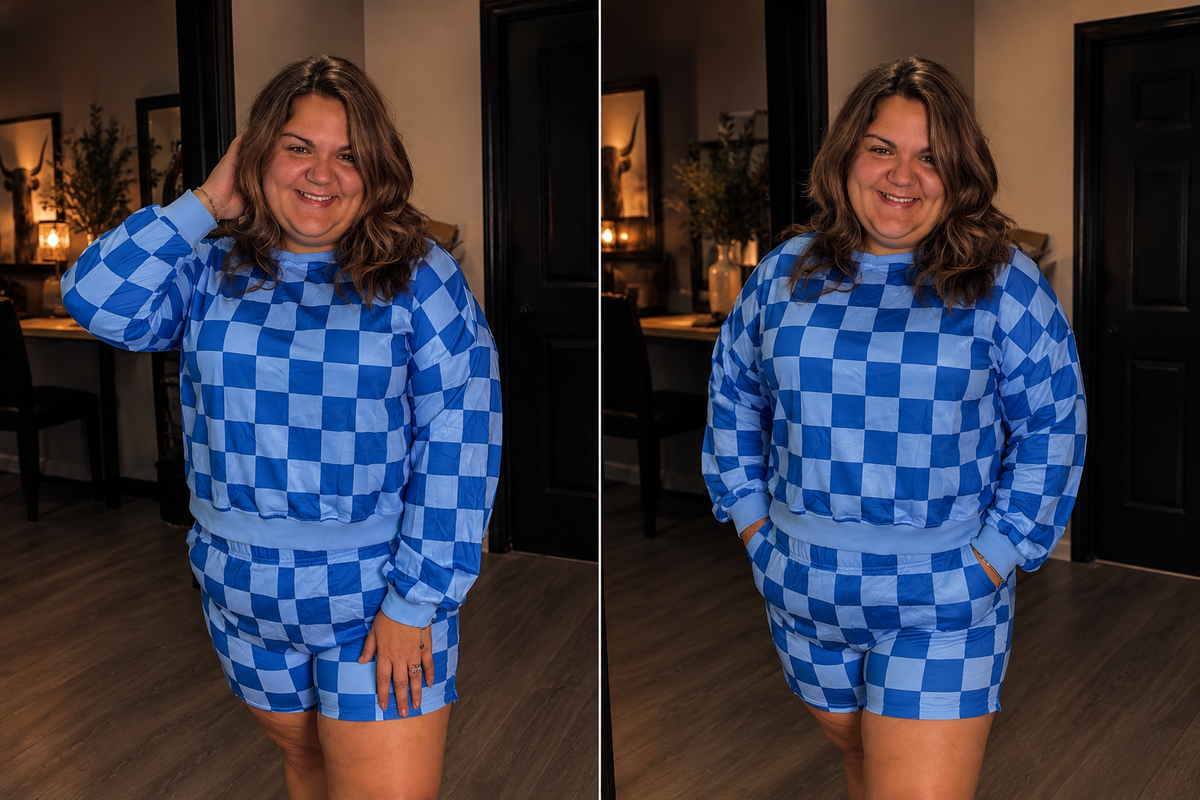 Dark Blue Checkered 2-Piece Set | Pullover & Shorts