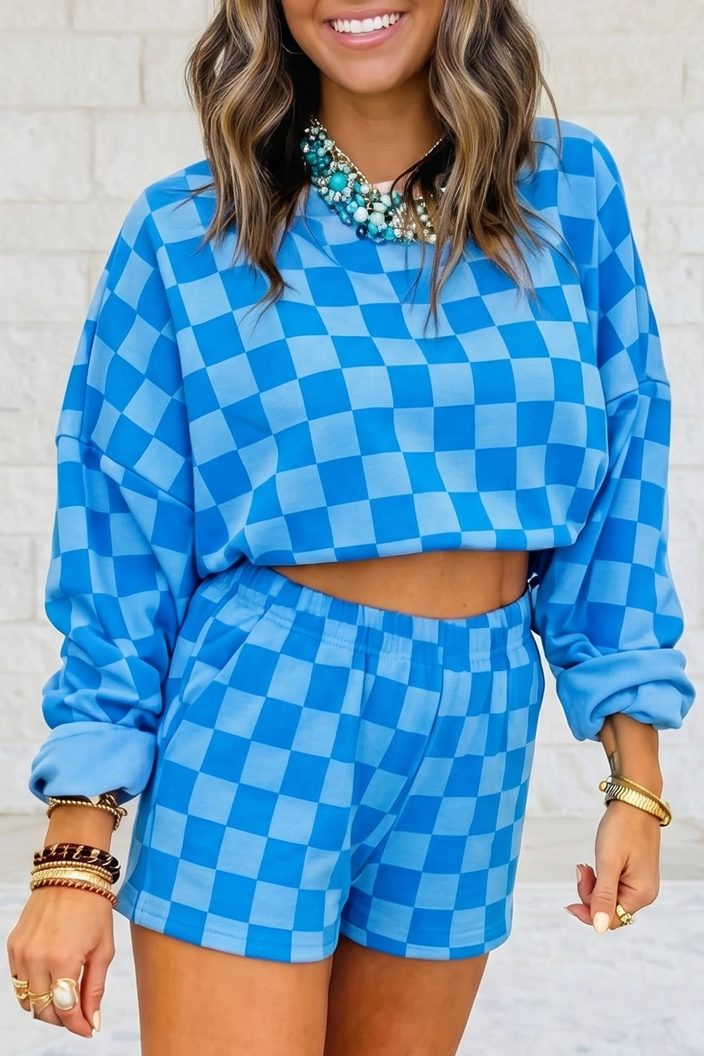 Dark Blue Checkered 2-Piece Set | Pullover & Shorts